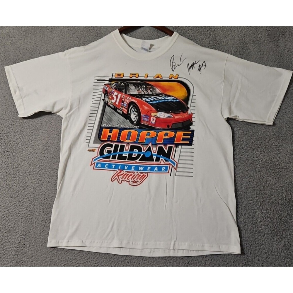 Vintage Nascar Shirt Mens XL Brian Hoppe Graphic Back Hit Y2k 90s Flames Signed